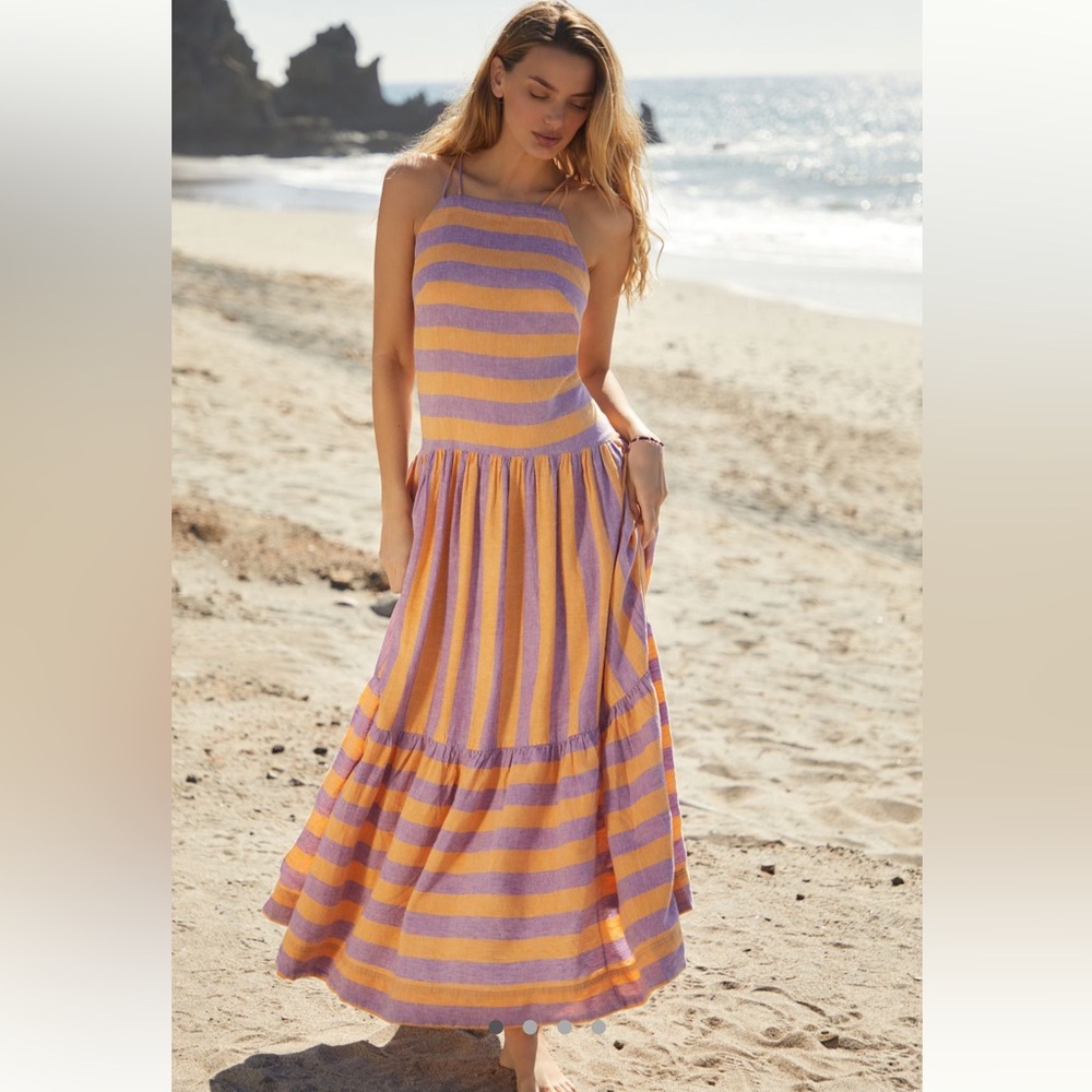 NWT by Anthropologie Peach Lilac Multi Striped Tiered Maxi Dress